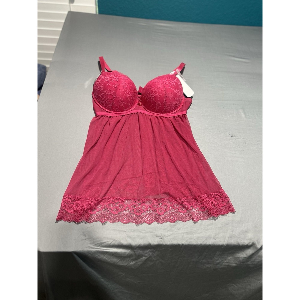 NWT Daisy Fuentes Babydoll Hot Pink Sheer Lace Bra Lingerie 2X‎ With Panty
